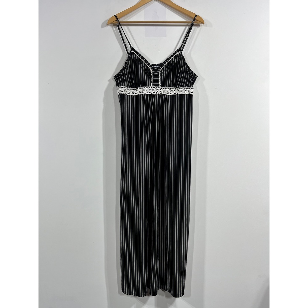 Vintage Donatella Euro‎ Summer Babydoll Pinstripe Lace Trim Maxi Dress Womens XL